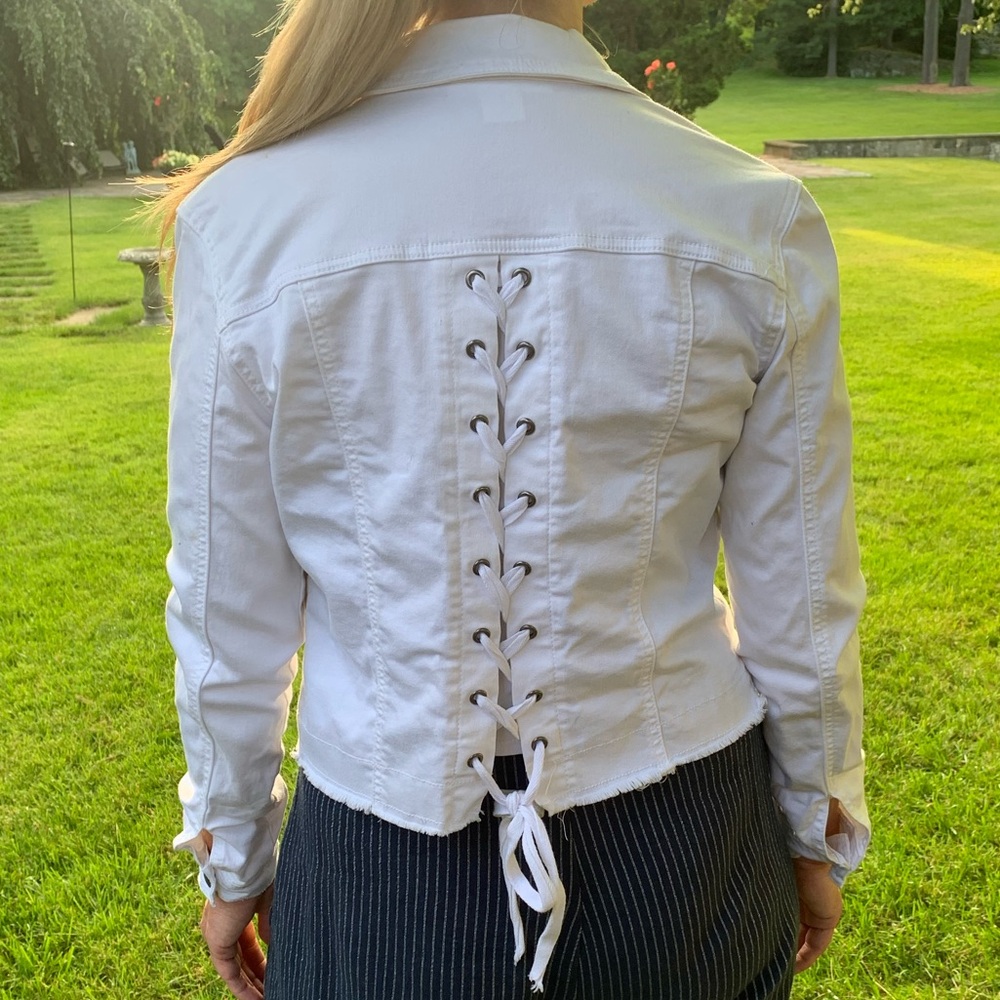 Western Corset Laced Up Grommet Back Raw Hem Cotton Denim Jean Jacket